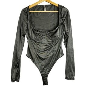SKIMS Long Sleeve Ruched Corset Bodysuit Black Metallic Shiny Size L